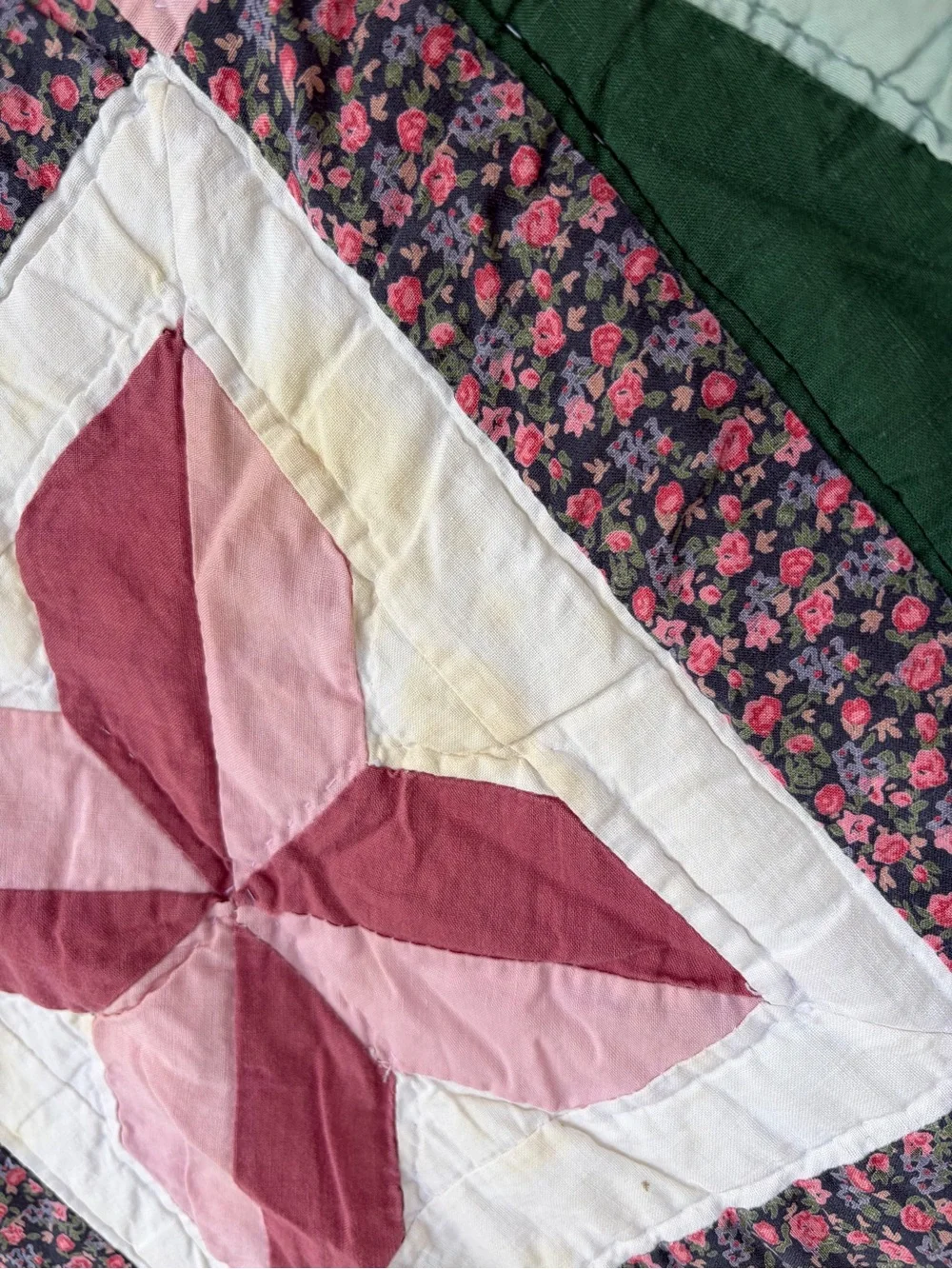 Handmade Pink and Green Patchwork Quilt - Floral Pinwheel Design VINTAGE stains